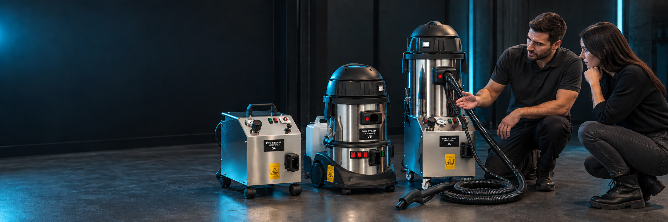 Pro Steam specialists demonstrating the commercial steam machine range